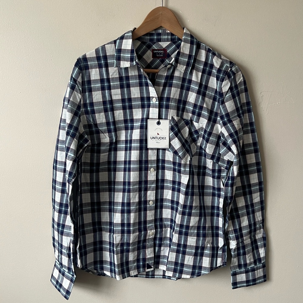 UNTUCKit Sorbo Women’s Plaid Cotton Button Down Shirt Blue White Size 6 NWT
